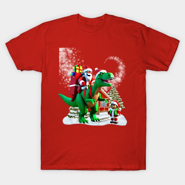 Santa Claus riding a dinosaur with gifts T-Shirt by Tee Trendz